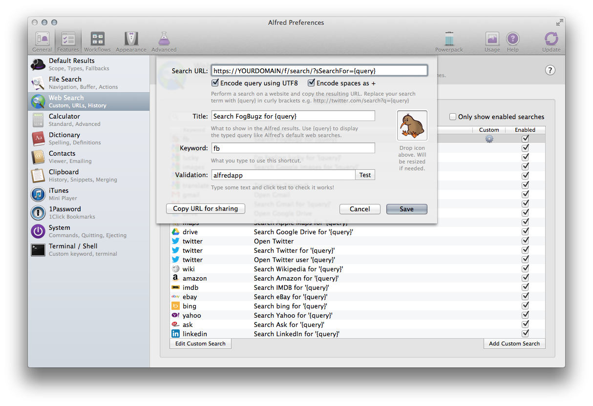 Fill in details for FogBugz replacing YOURDOMAIN with your server address or FogBugz On-Demand address